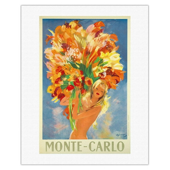 Monte-Carlo Monaco - French Riviera - Flower Girl - Vintage Travel Poster by Jean-Gabriel Domergue c.1940s - Fine Art Rolled Canvas Print 20in x 26in