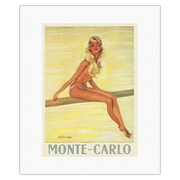 Monte-Carlo Monaco - French Riviera - Topless Girl - Vintage Travel Poster by Jean-Gabriel Domergue c.1945 - Fine Art Rolled Canvas Print 11in x 14in