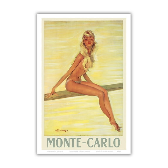 Monte-Carlo Monaco - French Riviera - Topless Girl - Vintage Travel Poster by Jean-Gabriel Domergue c.1945 - Master Art Print (Unframed) 12in x 18in
