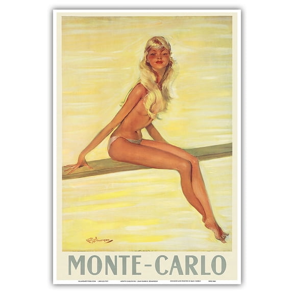 Monte-Carlo Monaco - French Riviera - Topless Girl - Vintage Travel Poster by Jean-Gabriel Domergue c.1945 - Master Art Print (Unframed) 13in x 19in