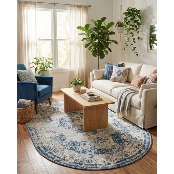 - Monte Carlo Rug  5' 3 x 8' Oval Blue Easy-Clean Rug  Bohemian Medallion Design for Living Rooms, Bedrooms, and Dining Areas