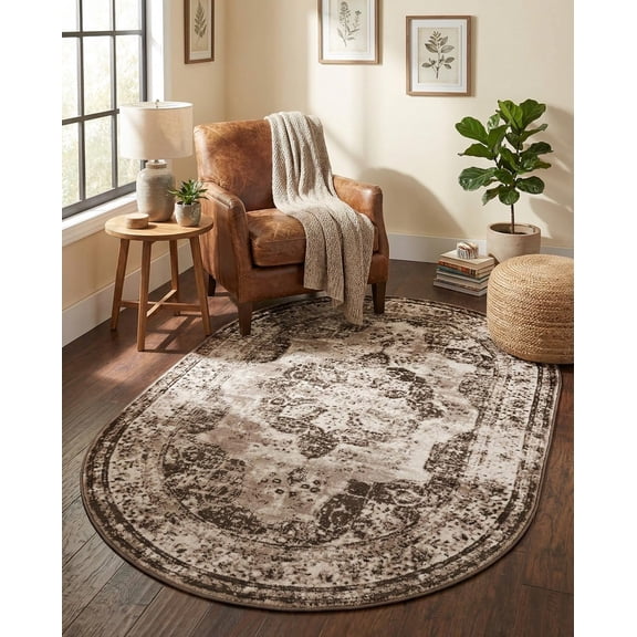 - Monte Carlo Rug 5' 3 x 8' Oval Light Brown Easy-Clean Rug Vintage Medallion Design for Living Rooms, Bedrooms, and Dining Areas