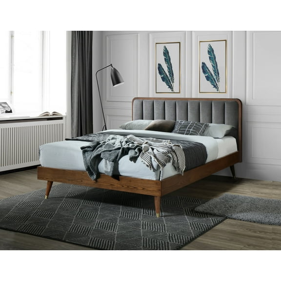 Monte Rosa Queen Bed Frame: Wood & Upholstery, Mid-Century Modern Design, Grey/Walnut, 83"x62", Bedroom Ready, Solid Wood with Gold Legs, No Box Spring Needed.