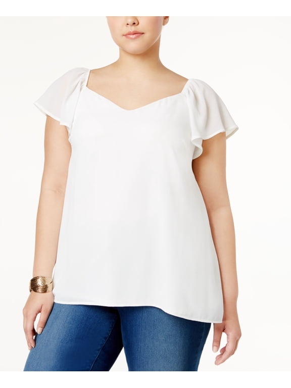 Trendy Plus Size Flutter Sleeve Top Ivory 1X