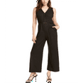 thumbnail image 1 of Monteau Women's Lattice Detail Linen-Blend Jumpsuit Black Size Petite X-Large, 1 of 3