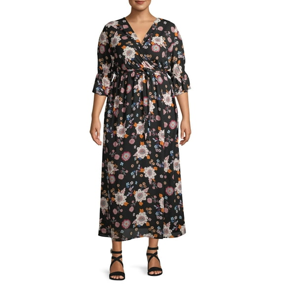 Monteau Women's Plus Size Woven Floral Dress with Bell Sleeves