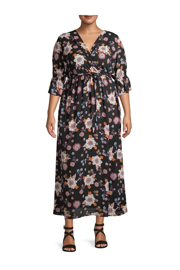 Women's Plus Size Woven Floral Dress with Bell Sleeves
