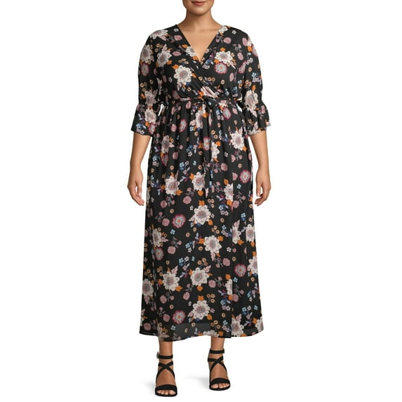 Monteau Women's Plus Size Woven Floral Dress with Bell Sleeves