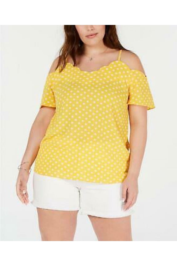 Women's Plus Yellow Polka Dot Scalloped Cold Shoulder Top 1X RV $44