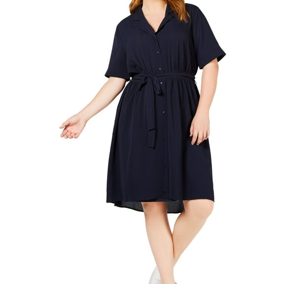 Monteau Womens Belted Shirt Dress, Blue, 1X