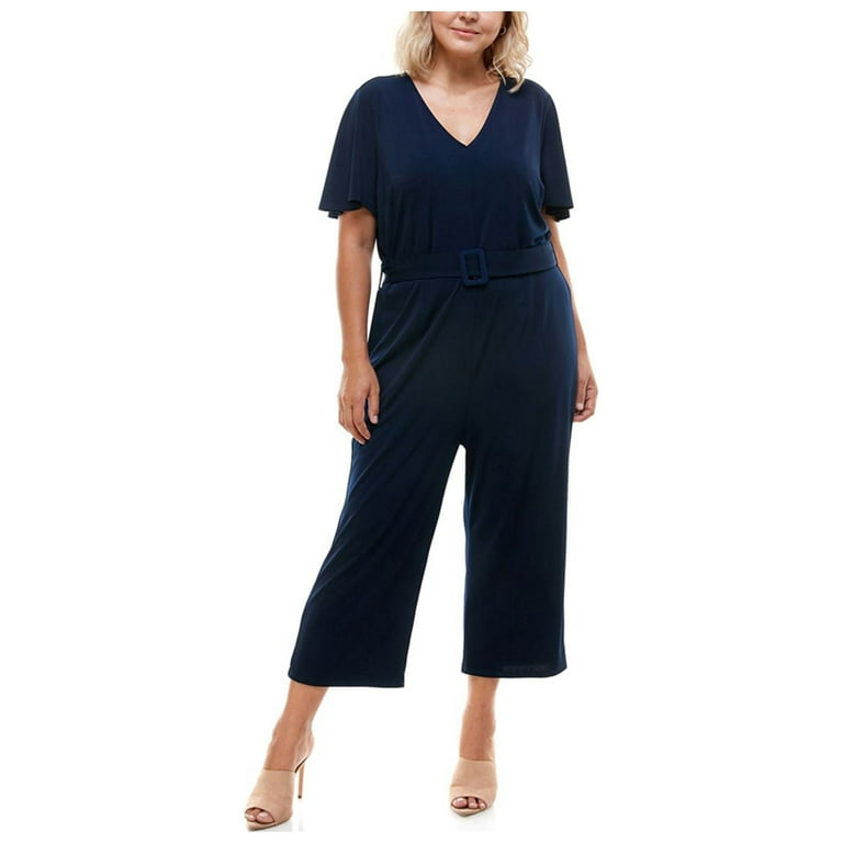 Monteau Womens Belted Wide Leg Jumpsuit Navy 1X Walmart