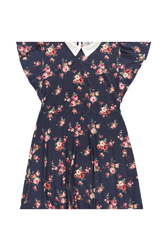 Womens Floral Print A-line Dress, Blue, Plus Size, 2X