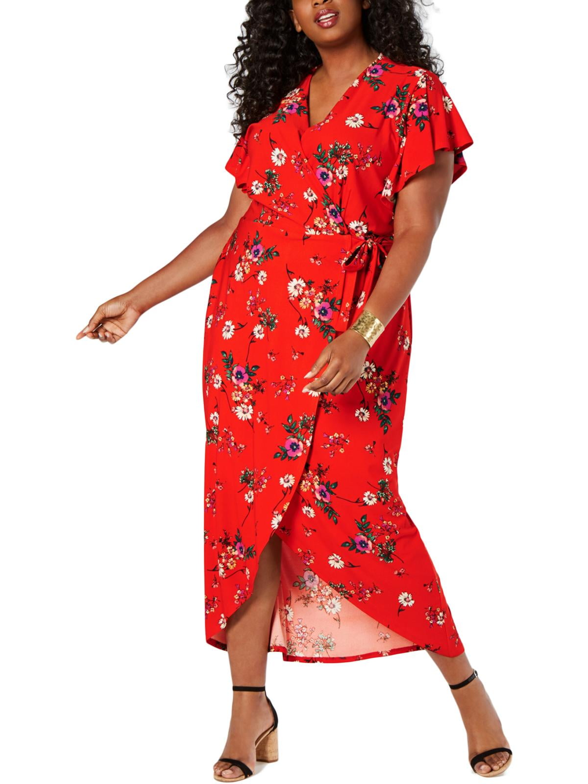 Monteau Womens Plus Faux Wrap Floral Maxi Dress Orange 2x Monteau Womens Plus Faux Wrap Floral Maxi Dress Orange 2x