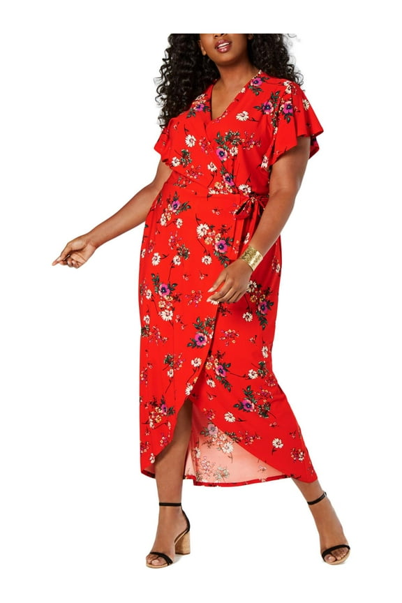 Womens Plus Faux Wrap Floral Maxi Dress Orange 2X
