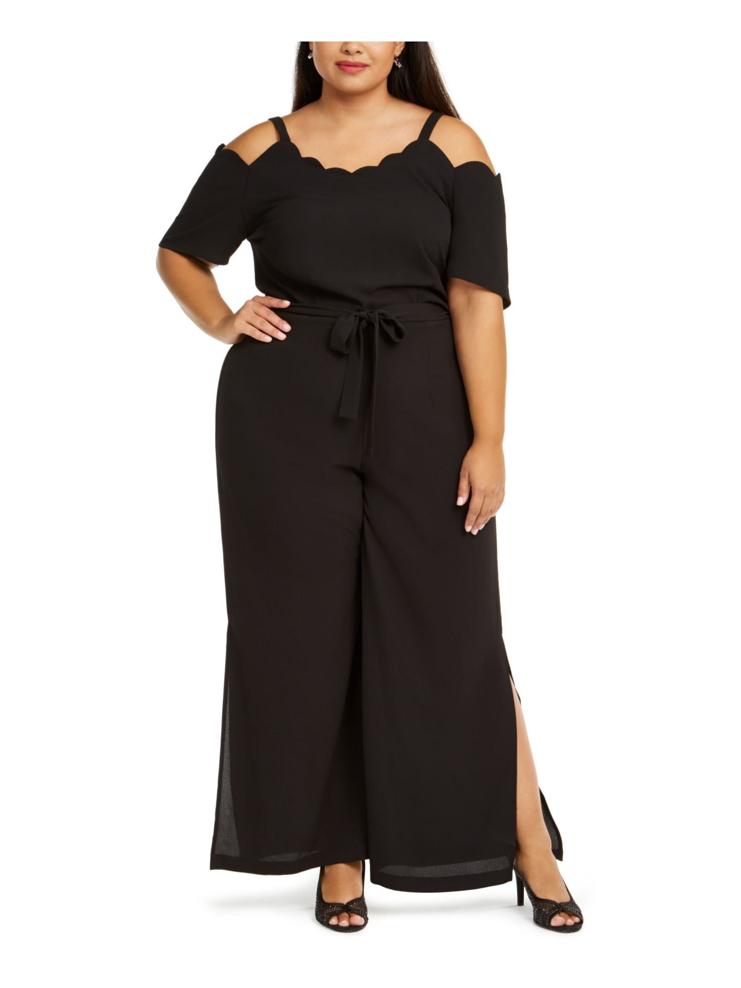 Monteau Womens Plus Scalloped Cold Shoulder Jumpsuit Black 1X