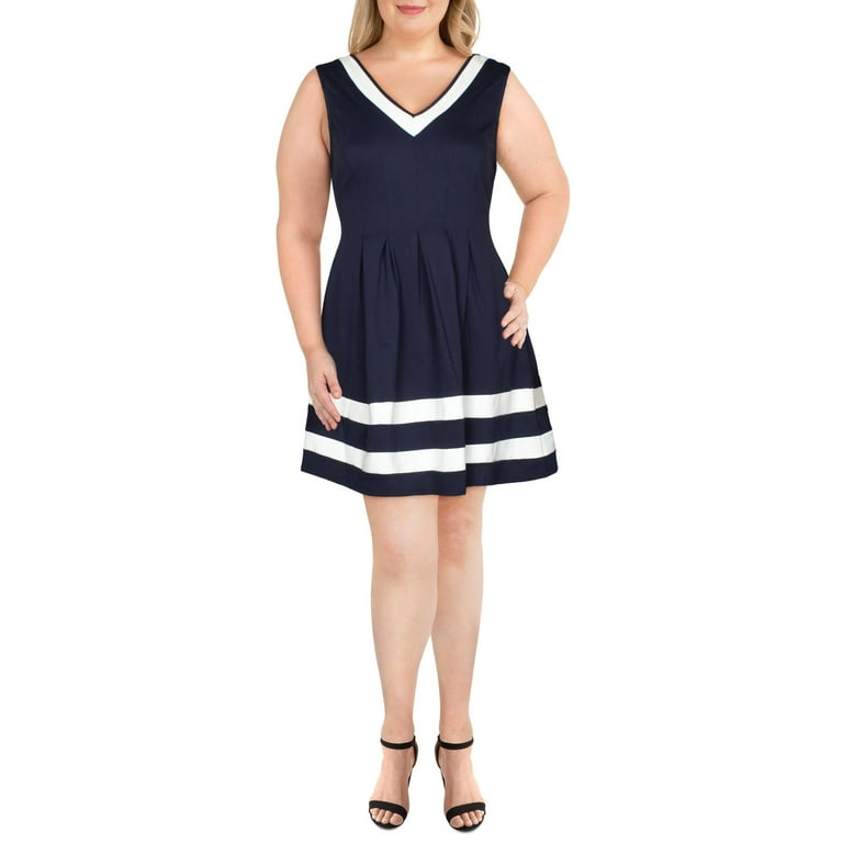 Monteau Womens Plus Striped V Neck Fit Flare Dress Navy 1X