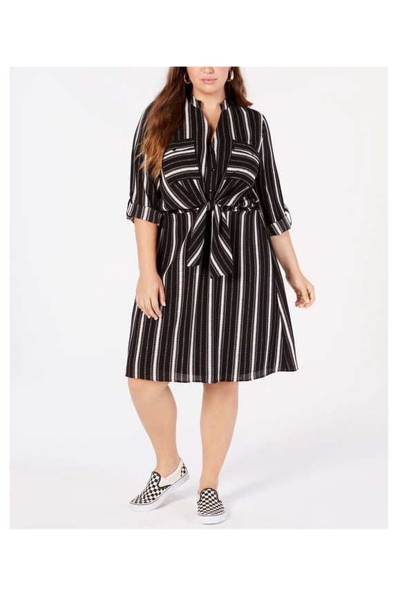 Womens Striped Pocket A-line Dress, Black, Plus Size, 1X
