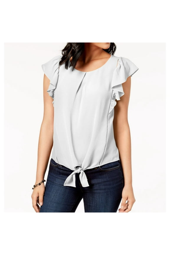 Womens Tie Front Pullover Blouse, White, Petite, PL