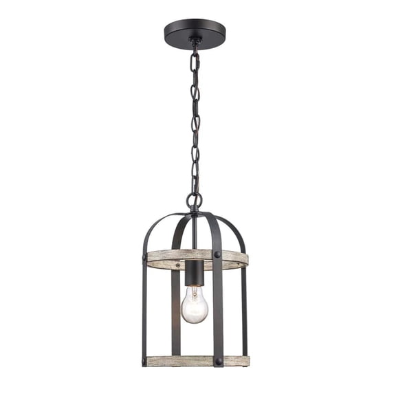 Open Box Monteaux Lighting 1-Light Black and Faux Wood Caged Farmhouse Hanging Mini Kitchen Pendant Light