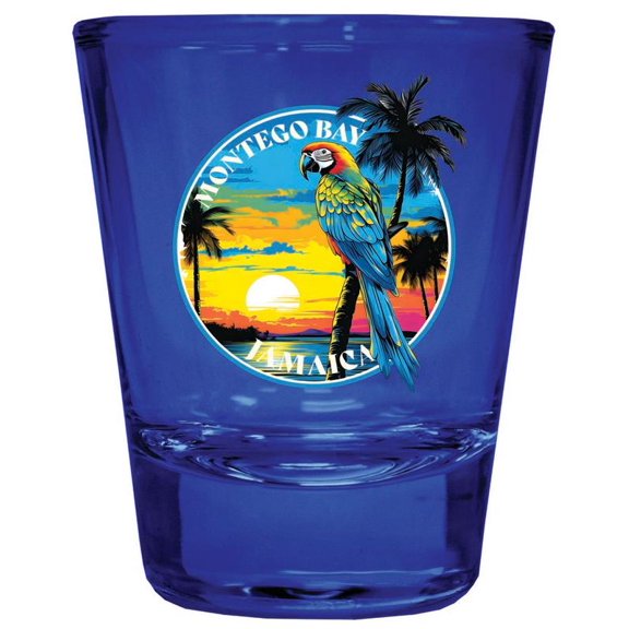 Montego Bay Jamaica Design A Souvenir Full Color 2 oz Round Shot Glass Blue