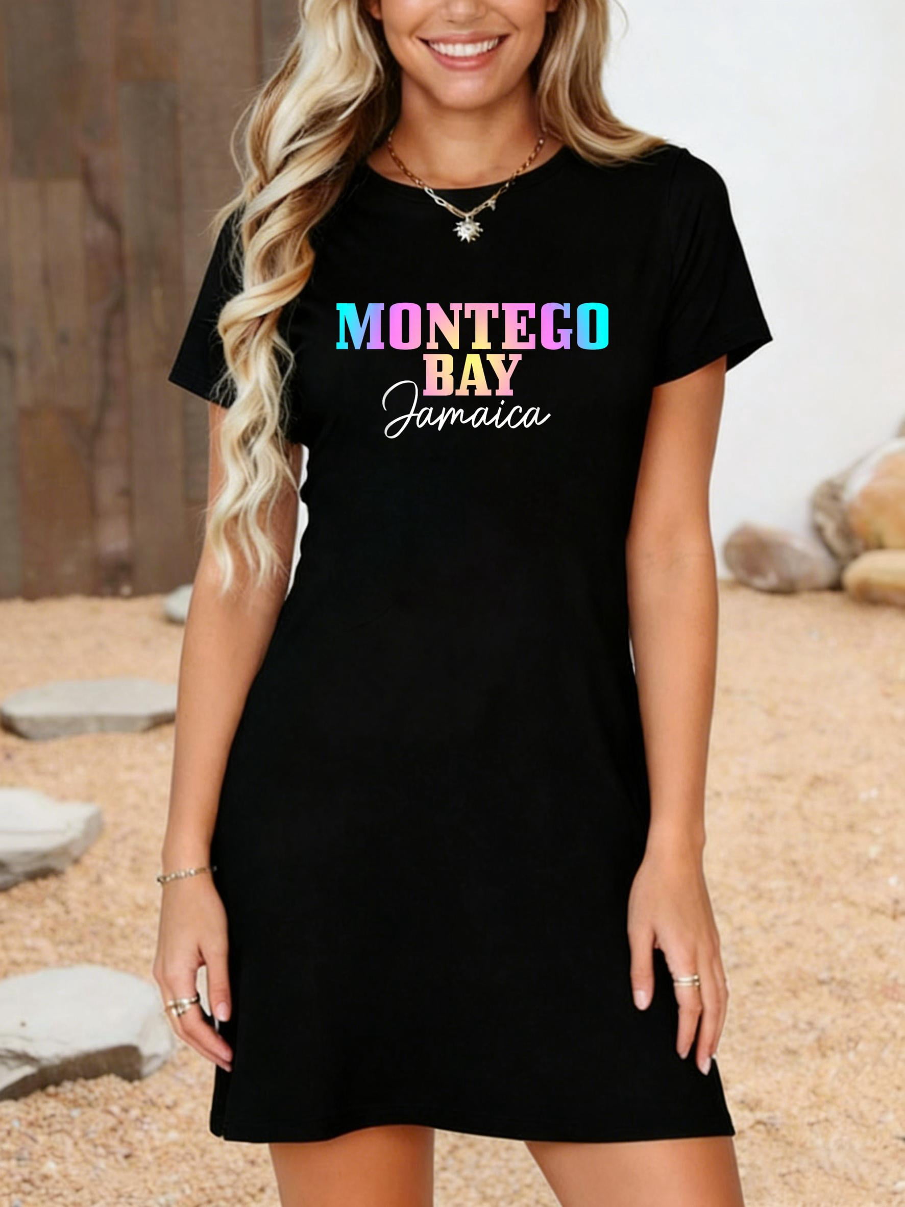 jamaica t shirt dress LGY Montego Bay Jamaica Vintage Tie Dye Retro Vacation T-Shirt Dress Summer Vacation Dress Casual Resort Wear, Women's, Size: XL, Black