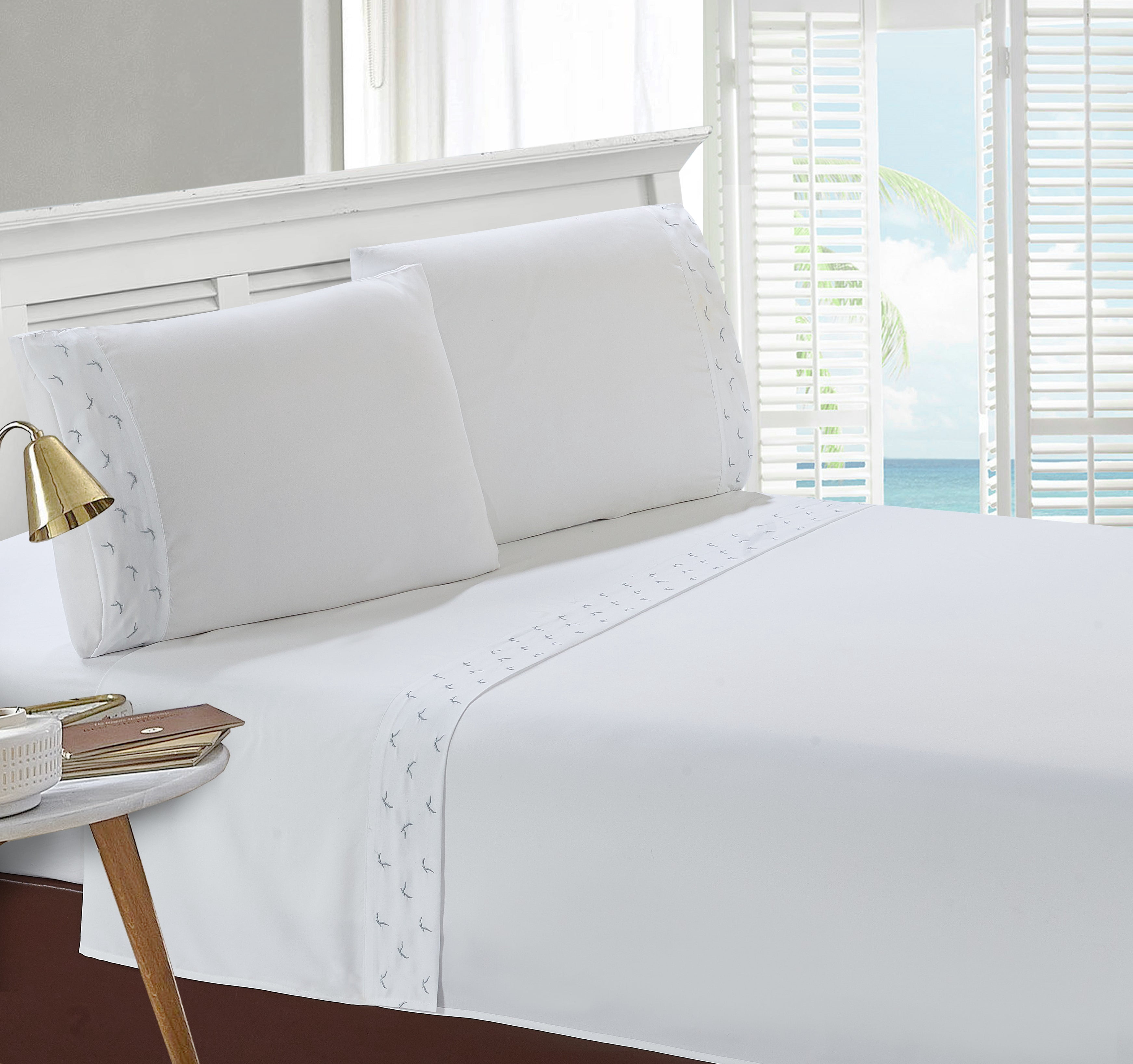 Montego Bay Seagull Embroidered Pillowcase Pair