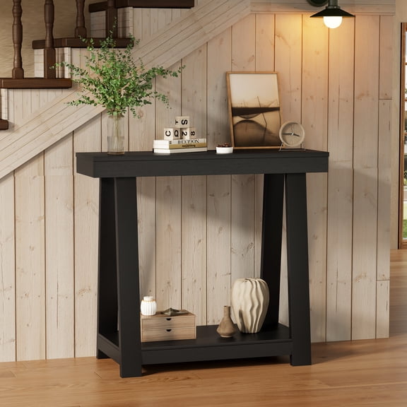 Monteka 36" Black Wood Grain Console Table, with 2-Tier Storage structure providing ample storage space, Easy Clean Surface, Multi-Scene Narrow Console Table for Hallway, Living Room, Bedroom