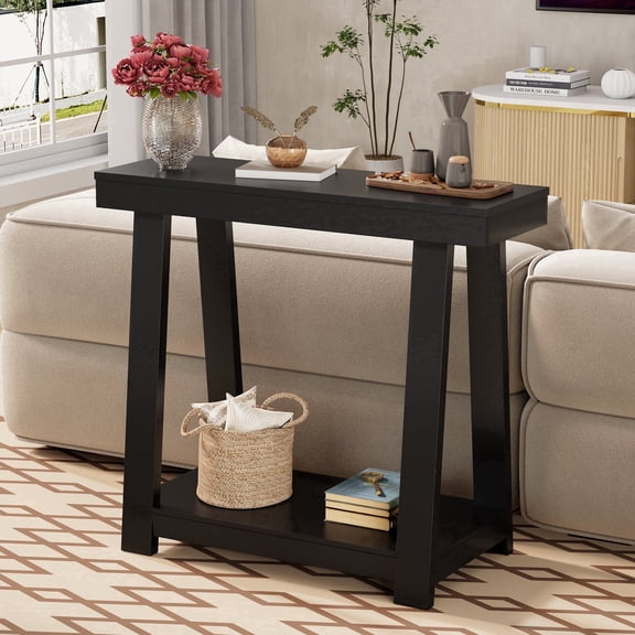 Monteka 36" Black Wood Grain Console Table, with 2-Tier Storage structure providing ample storage space, Easy Clean Surface, Multi-Scene Narrow Console Table for Hallway, Living Room, Bedroom