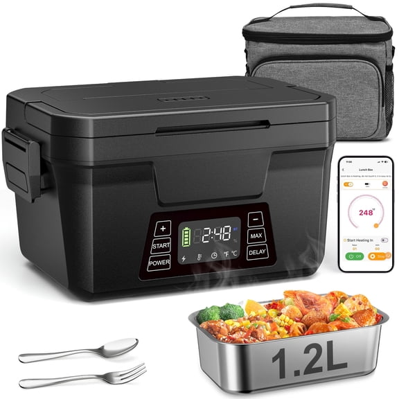 Monteka Cordless Electric Lunch Box for Adults, 1.2L Rechargeable Self-Heating Food Warmer with APP Control, 5-Sided Fast Heating up to 248