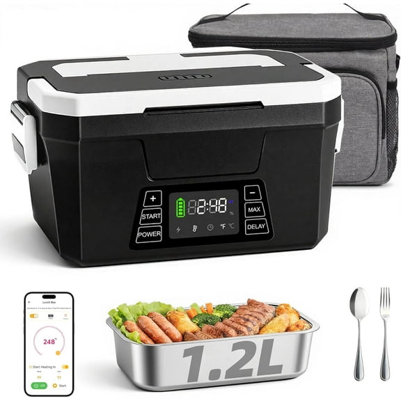 Monteka Cordless Electric Lunch Box for Adults, Portable Battery Powered Heated Lunch Box with APP, 1.2L Automatic Scheduled Heating Lunchbox for Office Work Car Travel Outdoor