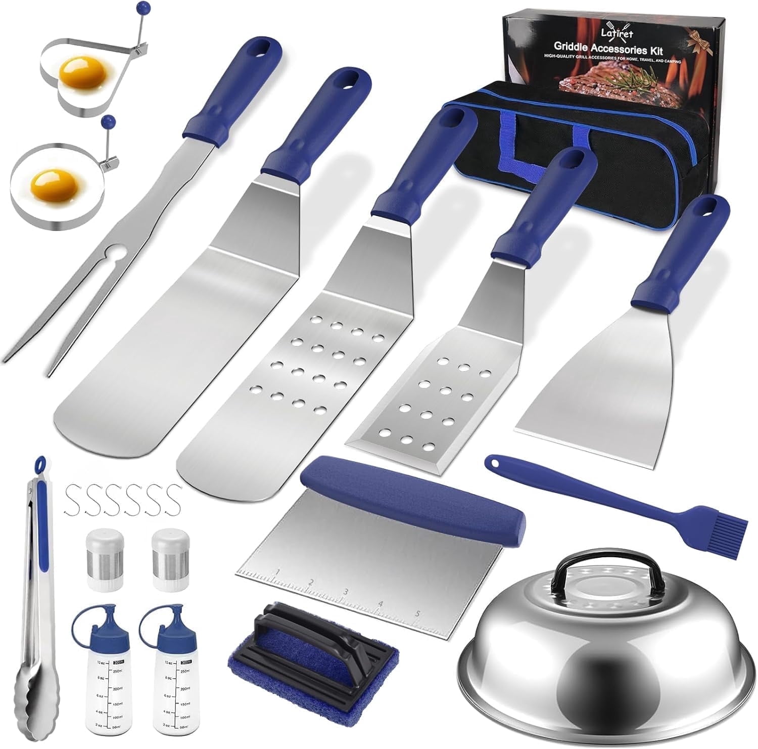 Monteka Griddle Accessories Kit, 23Pcs Grilling Accessories Set for Camp Chef, Flat Top Griddle Accessories with Scraper, Spatula, Basting Cover, Tongs, Egg Ring, Outdoor Grill Tools Blue