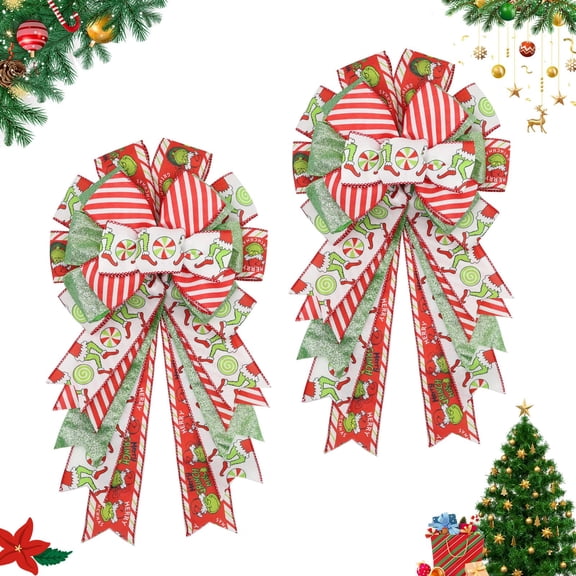 Montekin Large Christmas Wreath Bows 20x11 Inch, 2 Pack Elf Legs with Candy Pattern Burlap Wired Bows, Decorative Christmas Tree Topper Bow for Front Door Indoor Outdoor Xmas Decorations (Red) C111