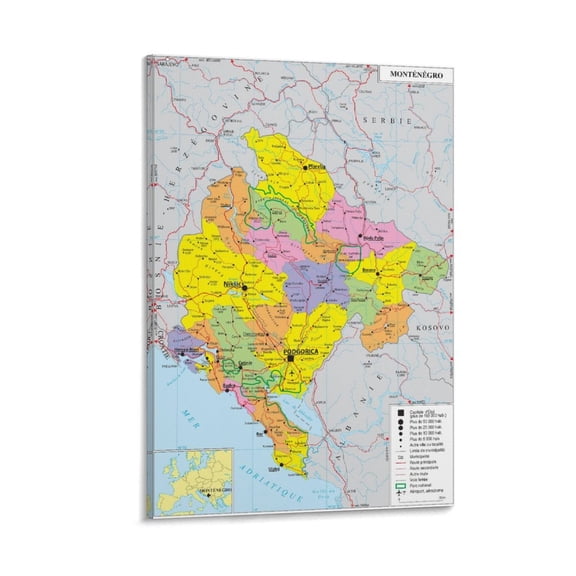 Montenegro Map Posters Room Aesthetic Poster Print Art Wall Painting Canvas Posters Gifts Modern Bedroom Decor 24x36inch(60x90cm)