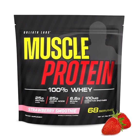 COLOSSAL LABS Muscle Protein Whey Powder [5 lbs/Pack of 1] Cold Filtered, 25g Pure Protein, 6.6g BCAAs (Packaging May Vary) (5LB, Strawberry)