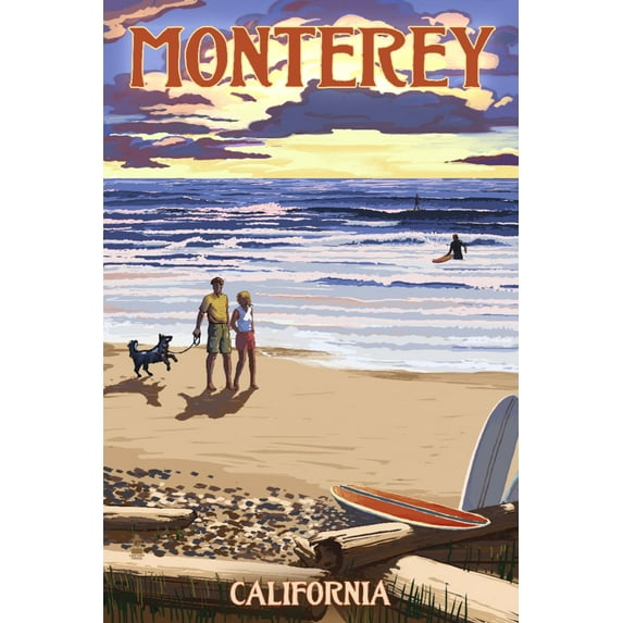 Monterey, California, Beach Scene and Surfers (16x24 Giclee Gallery Art Print, Vivid Textured Wall Decor)