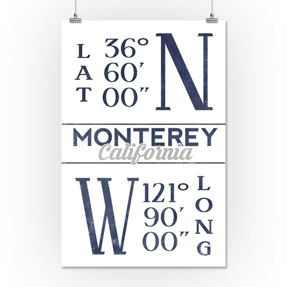 Monterey, California - Latitude & Longitude (Blue) - Lantern Press Artwork (16x24 Giclee Gallery Print, Wall Decor Travel Poster)