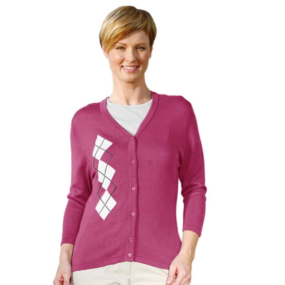 Monterey Club Women's Asymmetrical Argyle V-Neck Cardigan Sweater #6163