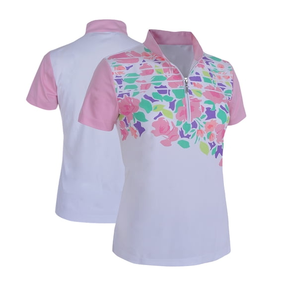 Monterey Club Women's Blossom Print Contrast Zip Golf Polo Shirt #2382