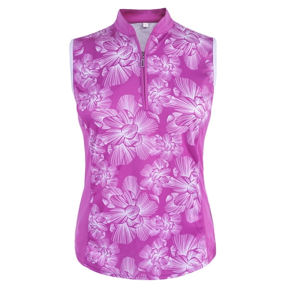 Monterey Club Women's Chalk Floral Print Contrast Sleeveless Golf Polo Shirt #2497