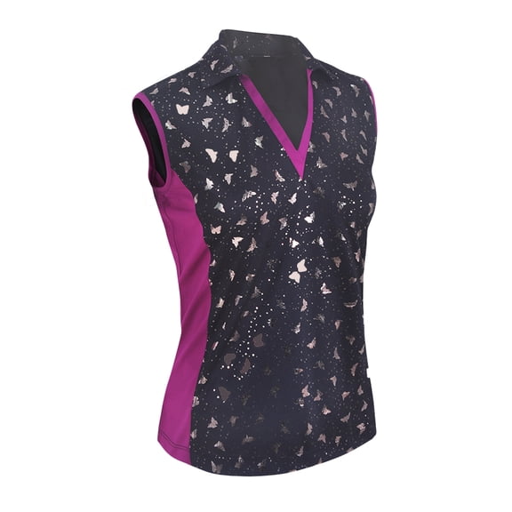 Monterey Club Women's Foil Print Contrast Sleeveless Golf Polo Shirt #2099
