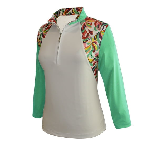 Monterey Club Women's Fountain Floral Print Block 3/4 Sleeve Zip Golf Polo Shirt #2347