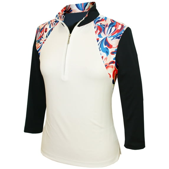 Monterey Club Women's Fountain Floral Print Block 3/4 Sleeve Zip Golf Polo Shirt #2347