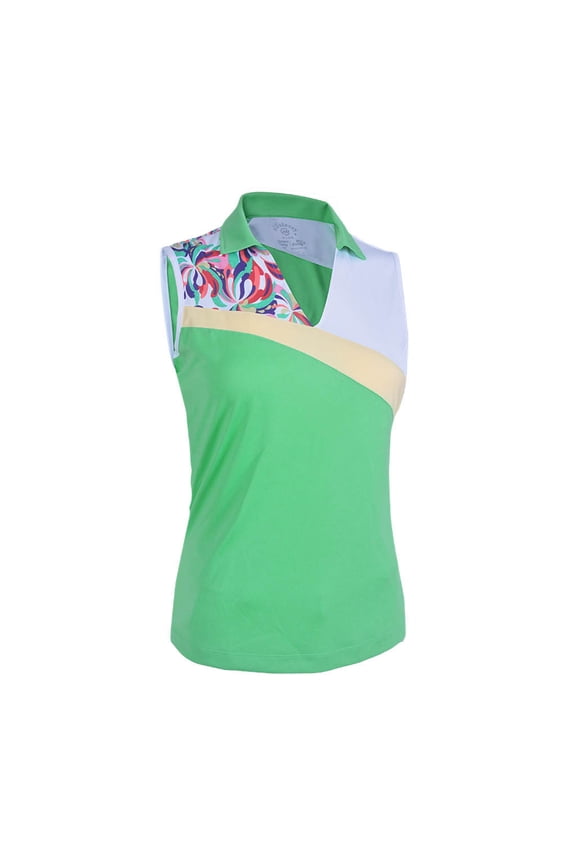 Women's Fountain Floral Print Block Sleeveless Golf Polo Shirt #2345