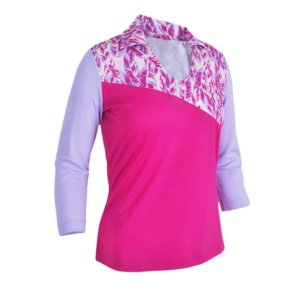 Monterey Club Women's Paradise Feather Print Block 3/4 Sleeve Golf Polo Shirt #2376