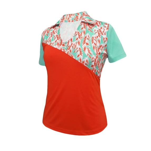Monterey Club Women's Paradise Feather Print Block Golf Polo Shirt #2374