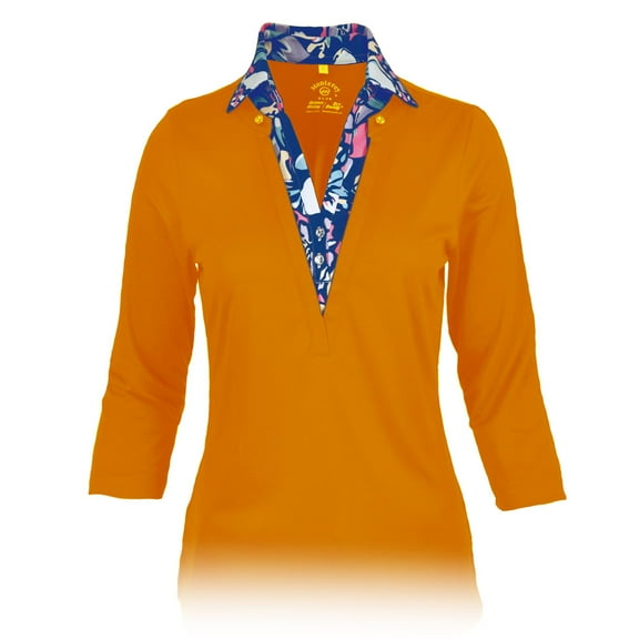Monterey Club Women's Tessa Lillies Print Contrast 3/4 Sleeve Golf Polo Shirt #2675