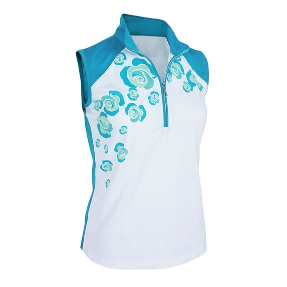 Monterey Club Women's Wild Rose Stamp Contrast Sleeveless Golf Polo Shirt #2385