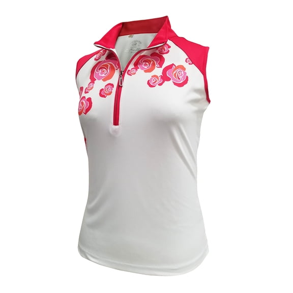 Monterey Club Women's Wild Rose Stamp Contrast Sleeveless Golf Polo Shirt #2385