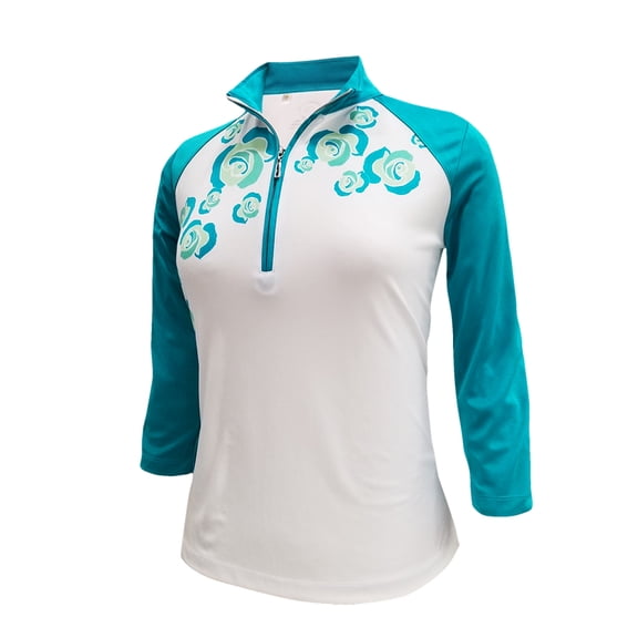 Monterey Club Women's Wild Roses Stamp Contrast 3/4 Sleeve Golf Polo Shirt #2386