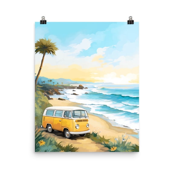 Monterey Coast Print, California Wall Art, Retro Camper Van Poster, Pacific Highway Decor, Seaside Artwork, Coastal Travel Home Decor #3994, Unframed Poster Size 8x12